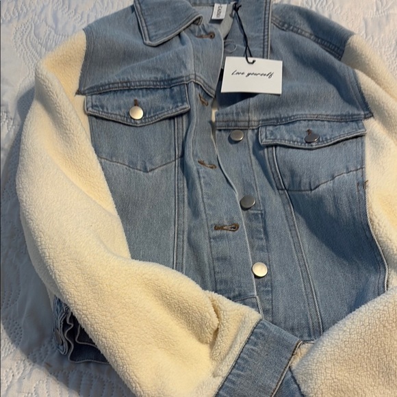 Grace Karin Blue and Cream Jean Jacket with Sherpa Sleeves - Picture 1 of 4
